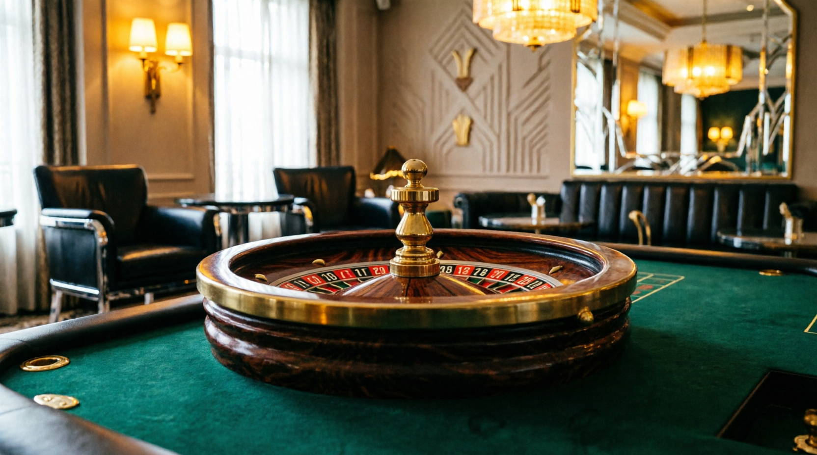 Ruleta de madera sobre paño verde en salón art déco