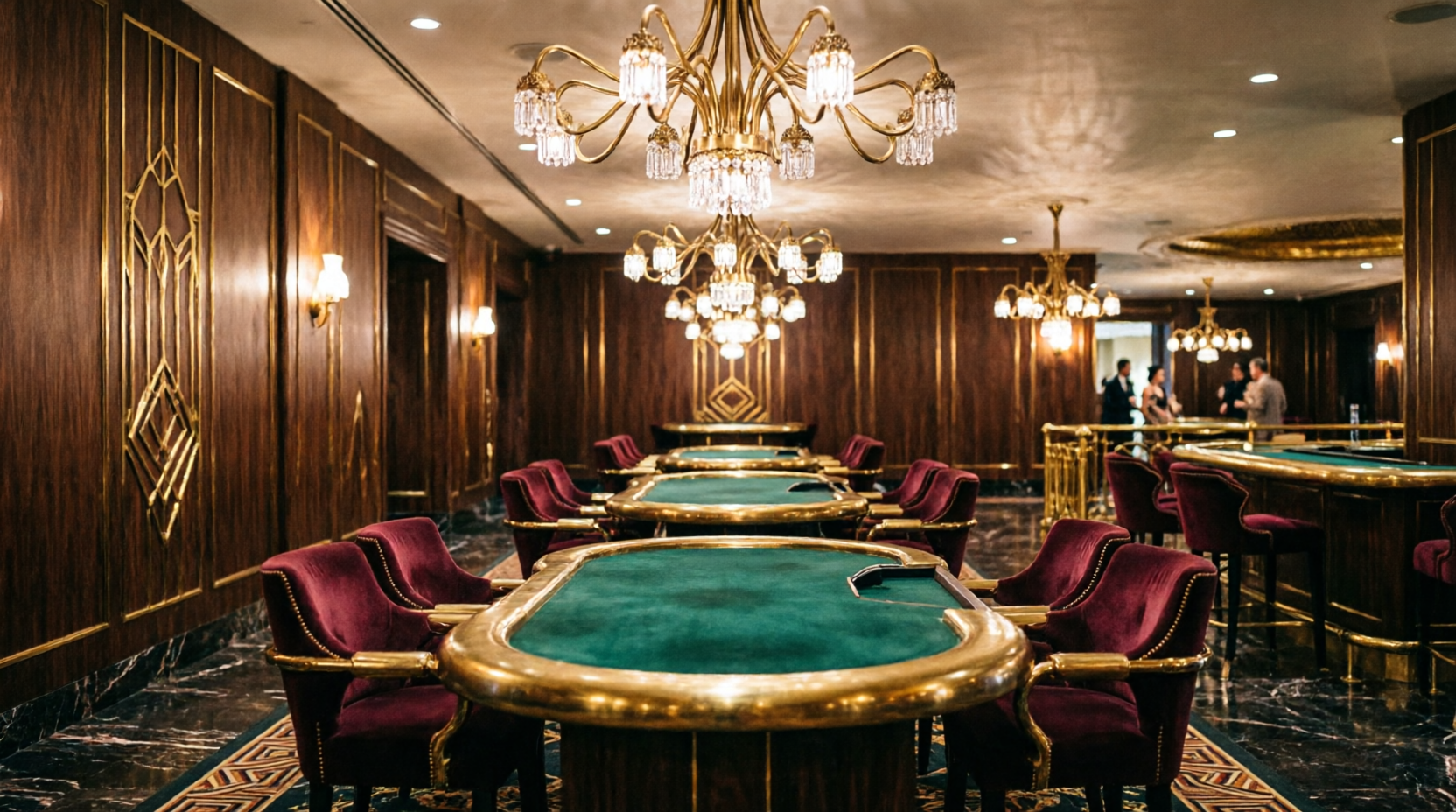 Salón del casino con mesas de paño verde y arañas de cristal
