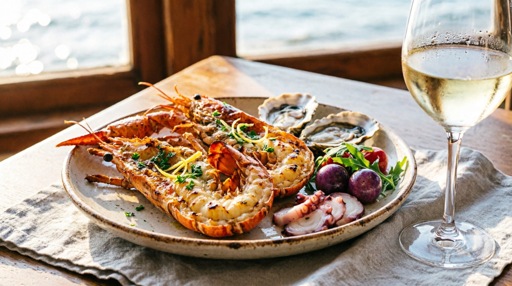 Langostinos grillados con ostras y vino blanco frente al mar