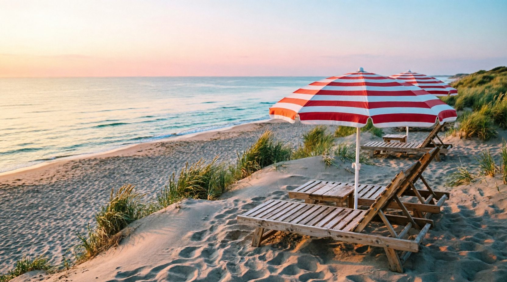 Playa privada con sombrillas a rayas al amanecer