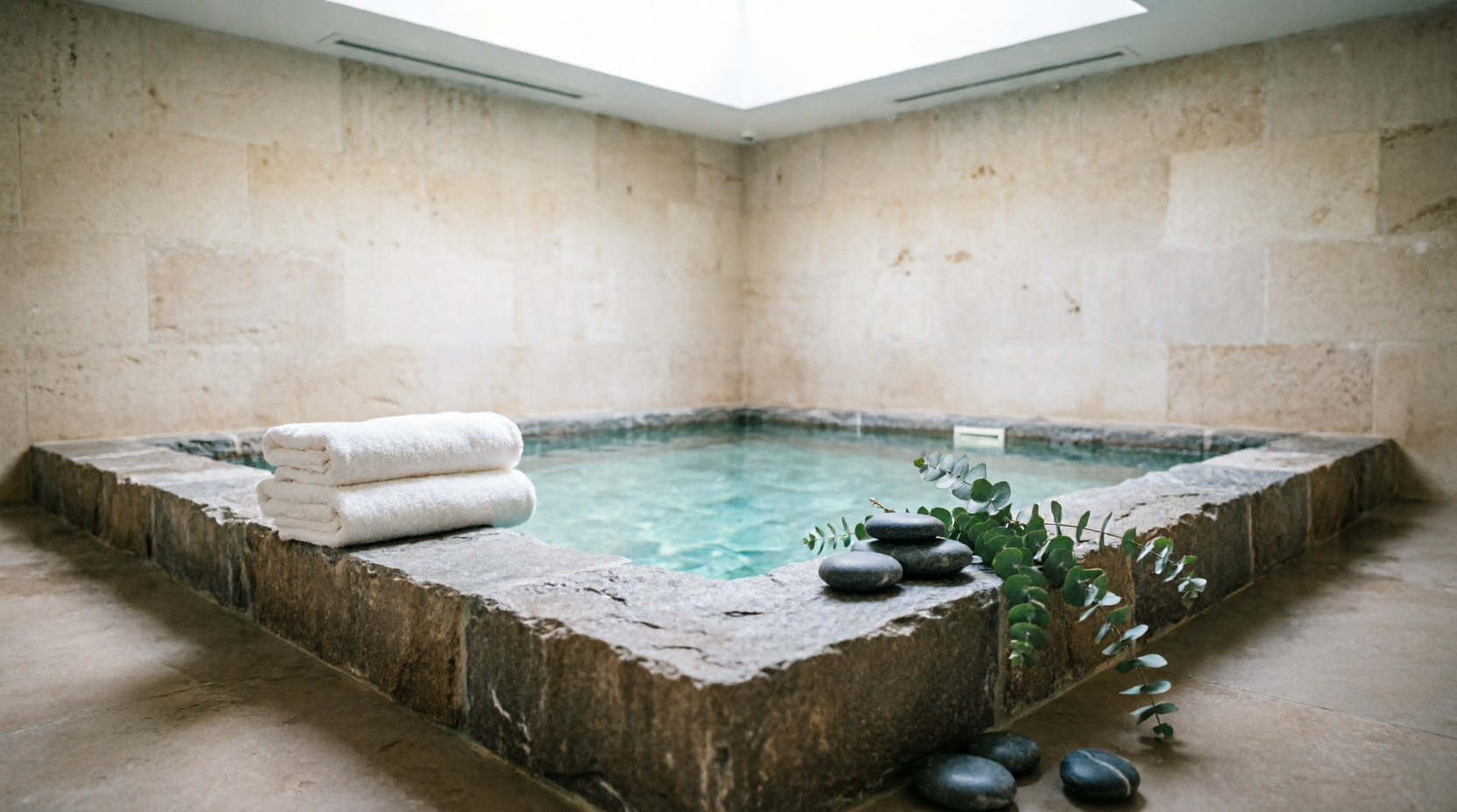 Piscina de piedra del spa marino con toallas y eucaliptus